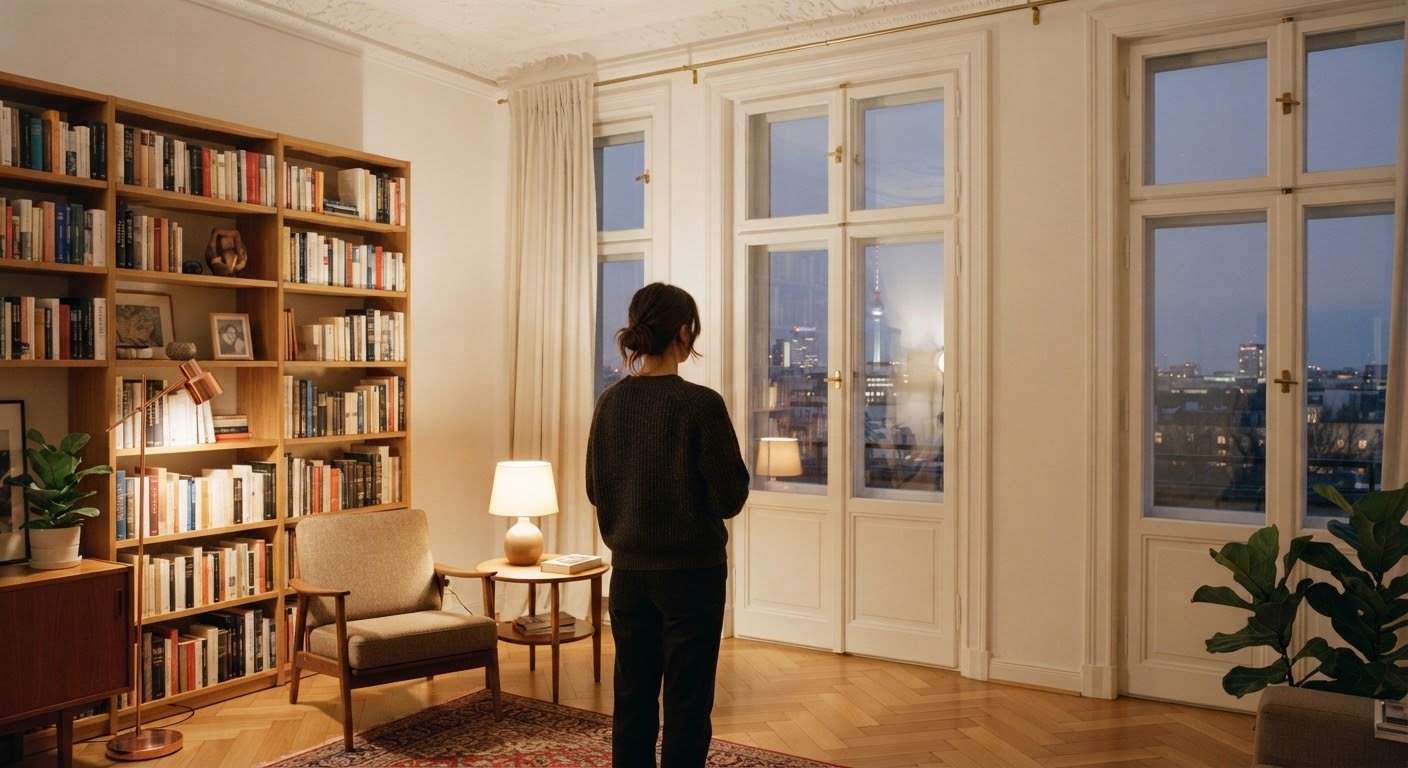 Person am Fenster, Blick auf eine abendliche Stadtsilhouette.